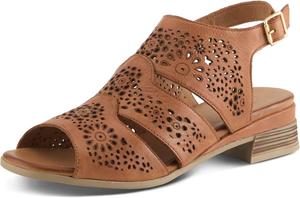 Женские сандалии Spring Step Plasma из кожи, Сандалии на низком каблуке с цветочной перфорацией и полной верхней частью, застежка на пряжку с эластичной вставкой, Camel