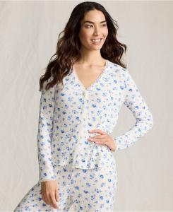 Женский ажурный кардиган для сна с длинными рукавами Lands' End, Ivory/blue dainty floral