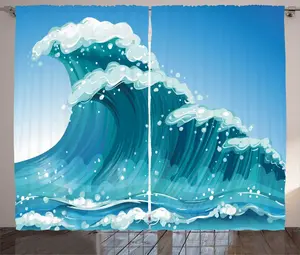 Штора ABAKUHAUS Цунами в деревенском стиле, экзотический рисунок Океанская волна, универсальная ленточная штора для гостиной с петлями и крючками, 280 x 225 см, бирюзовый цвет Abakuhaus