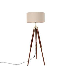 QAZQA — Industrial I Vintage I Торшер I Торшер I Торшер I Лампа I Латунная лампа с абажуром Светло-коричневый, 50 см Штатив — Cortin I Гостиная I Спальня — Круглая деревянная I Продолговатая — Подходит для светодиодов