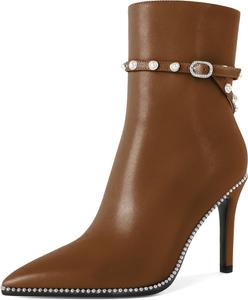 Женские ботильоны SAMMITOP, короткие сапожки с заостренным носком, стойка-кубита на высоком каблуке, модные туфли с бусинами, жемчужной пряжкой, для платья, каблук 4 дюйма