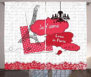 Штора в деревенском стиле Эйфелева башня от ABAKUHAUS, Я люблю тебя в Париже, присборенная штора для спальни с петлями и крючками, 280 x 225 см, цвет: темно-коралловый серый Abakuhaus
