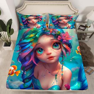 Erosebridal Комплект постельного белья для девочек с принтом русалки и морской тематикой в стиле хиппи, Teal Blue