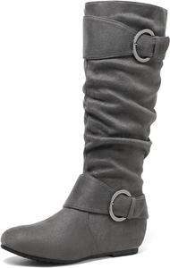 Женские сапоги DREAM PAIRS до колена с низким скрытым клином, замшевые, с искусственным мехом, боковая молния, пряжка, Ura-Grey Suede