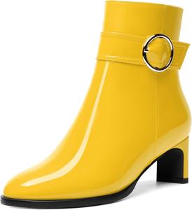 Женские ботильоны MODENCOCO с лакированной пряжкой, повседневные, для свадьбы, с молнией, с ремешком на щиколотке, с круглым носком, массивным низким каблуком 2 дюйма, Yellow