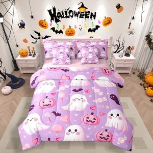 Erosebridal Комплект постельного белья Happy Halloween для детей с розовым и фиолетовым уютным покрывалом, розовыми тыквами, привидениями и черными летучими мышами, Purple