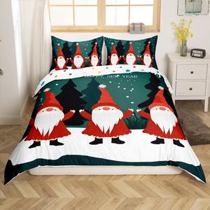 Erosebridal Комплект постельного белья с новогодним принтом в скандинавском стиле с изображением Санта-Клауса и гномов, красный цвет, Multi34