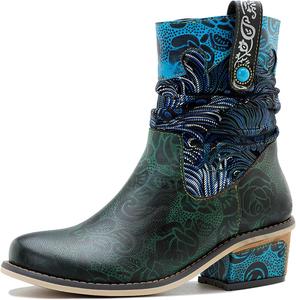 Женские ручные ретро-сапоги на высоком каблуке из овчины, красочная роспись, металлический стиль - модные, удобные, прочные, уникальный стиль меньшинств Riutiru, Blue 3