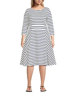 Платье Starfish большого размера с рукавами 3/4 Lands' End, Ivory/deep sea breton stripe