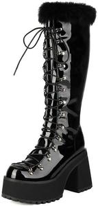 Женские готические сапоги выше колена на платформе и танкетке с шнуровкой, байкерские, из лакированной кожи, с круглым носком Generic, Pu Black
