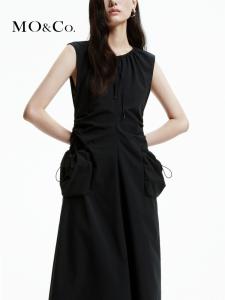 Платье-жилет Moco с круглым вырезом и плиссированной талией с карманами, черный