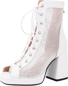 Женская мода: ботильоны с открытым носком на массивном каблуке 9,5 см, короткие многокрасочные с кружевами и платформой, офисный стиль LYYSKY, White(5722)
