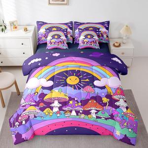 Erosebridal Комплект постельного белья Hippie Mushrooms с листами, психоделический цветочный принт в стиле бохо с солнцем и луной, фиолетовая радужная расцветка, Purple
