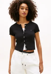 Футболка облегающего кроя с оборками и принтом в рубчик Tommy Jeans, Black