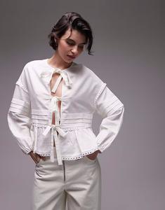 Блузка SNDYS из льняной смеси с завязками спереди и рукавами-фонариками белого цвета