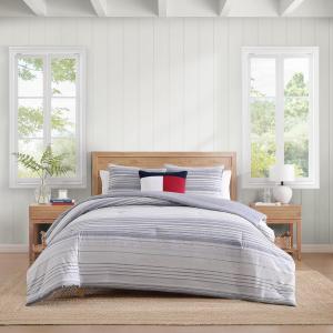 Tommy Hilfiger Комплект постельного белья Danbury, синий в полоску, размер King (230x220 см): простыня, пододеяльник, 2 наволочки. Хлопковый, текстурированная отделка, средней плотности, сертифицирован Oeko-TEX.