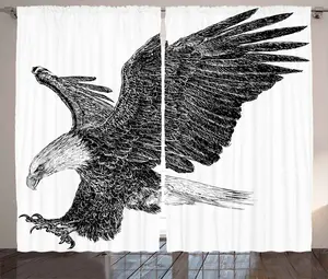 Штора ABAKUHAUS Animal Rustic, эскизный рисунок белоголового орла, универсальная ленточная штора для гостиной с петлями и крючками, 280 x 175 см, цвет: черный, светло-серый Abakuhaus