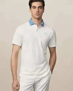 Мужская поло с джинсовым воротником, короткий рукав, классический крой Hackett, кремовый