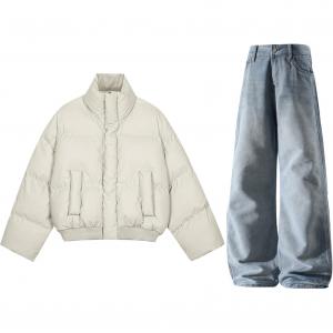 Повседневный спортивный костюм Unisex с воротником стойкой утепленный X1617, экрю puffer jacket+синий pants