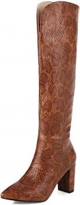 Женские сапоги Yolkomo до колена с острым носком, массивным каблуком, кожаные зимние сапоги на подъем, Brown Snakeskin