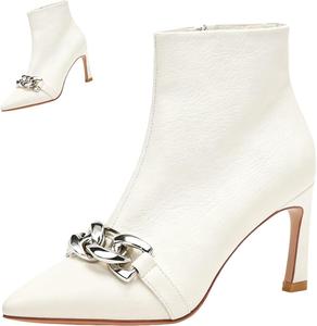 Женские кожаные ботильоны с острым носком и шпилькой, боковая молния, модные, удобные, с металлической цепочкой, короткие ботинки для офиса, свадьбы и работы NXNBHSL, Apricot Velvet