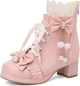 Женские ботильоны с бантом на щиколотке, круглый носок, шнуровка, массивный средний каблук Aikelylmon, 23 Pink