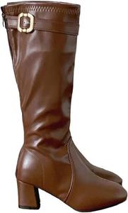 Женские ботфорты на толстом каблуке с ремешком и пряжкой, квадратный носок, облегающие длинные ботильоны, осенне-зимняя обувь Generic, Brown