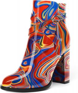 Женские ботильоны SKYSTERRY на высоком каблуке 4 дюйма с круглым носком, для вечеринки, лакированные, на низком подъеме, Red Blue Fluid