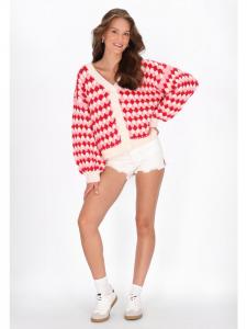 Женский кардиган красного цвета с разноцветными вставками myMo