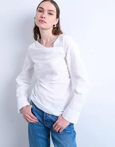 Топ Topshop с драпированным воротником и длинными рукавами, белый цвет