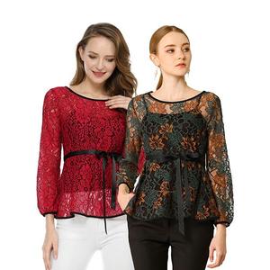 2 упаковки женских элегантных блуз с длинным рукавом и кружевным пеплумом Inspire Chic, Green Red