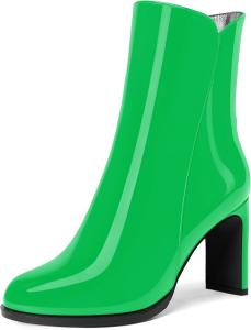 Женские ботильоны MERRORI с молнией, повседневные с круглым носком, лакированные, на высоком толстом каблуке 3,3 дюйма, Green