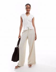 Широкие брюки Stradivarius Tall из льна в полоску цвета экрю