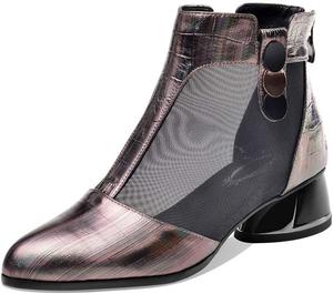 Женские ботильоны TinaCus из натуральной кожи с сетчатыми вставками, заостренным носком, молнией сзади и низким массивным каблуком, Gun Color