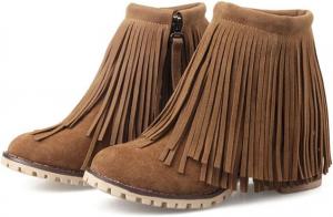 Женские ковбойские сапоги Ulalaza с бахромой, скрытой танкеткой, скуфита на щиколотке, с кисточками, стразы, блестящая ткань, нубук, удобные сапоги на ноге для улицы, свадьбы или вечеринки, S7-Brown