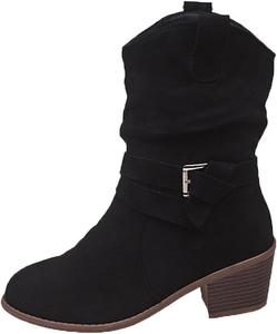 Женские ботильоны средней высоты с скошенным толстым каблуком, замшевые ковбойские комфортные ботинки, западные ботильоны на низком каблуке, носка сверху ZPLMIDE, Black