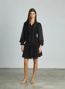 Короткое платье с воланами, с острым вырезом и длинными рукавами с буфами Alma En Pena, черный