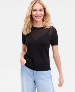 Легкий женский свитер с короткими рукавами и металлизированной вязкой, эксклюзивно представлен в Macy's INC International Concepts, Deep Black