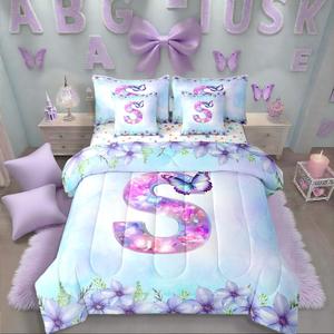 Erosebridal Комплект постельного белья Initial Letter S с фиолетовыми бабочками и цветочным принтом, Purple S