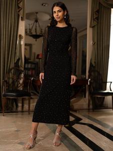 Платье-миди приталенного кроя из сетки с отделкой стразами Yumi, Black