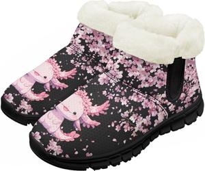 Детские зимние сапожки для мальчиков и девочек, утепленные искусственным мехом, ботильоны до щиколотки с противоскользящей подошвой для малышей, детей младшего и старшего возраста Chririnla, Cherry Blossom Axolotl
