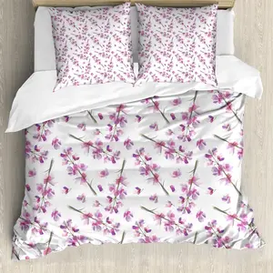 Пододеяльник ABAKUHAUS фиолетовый, с принтом Цветущие цветы, водостойкий, смываемые цвета, с индивидуальным дизайном, 200 см x 200 см - 80 x 80 см, фиолетово-зеленый