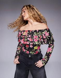 Боди Saylor с длинными рукавами и открытыми плечами, с оборками и принтом роз AFRM