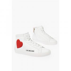 Высокие кожаные кеды LOVE с бархатным сердцем и боковыми вставками Moschino, White