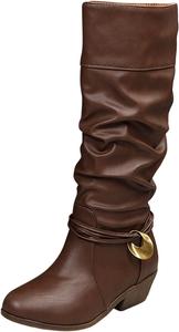 Generic Коричневые свободные ботфорты до колена для женщин: модные широкие брюки, низкий каблук, осенне-зимние теплые ботильоны, обувь для походов, фестивалей, вечеринок и нарядная обувь