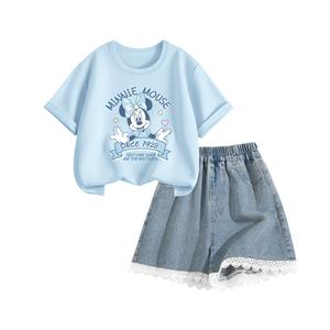 Детская повседневная спортивная одежда с круглым вырезом, тонкая футболка Disney, di l ribbon sky синий+solid color lake синий