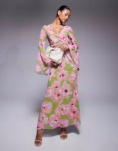 Платье макси ASOS DESIGN с v-образным вырезом, сборками спереди и цветочным принтом
