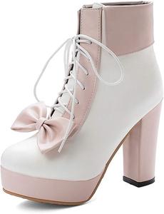 Женская мода Ботильоны на высокой платформе с толстой подошвой и шнуровкой Бантик Лолита Короткие сапожки LYYSKY, Purple