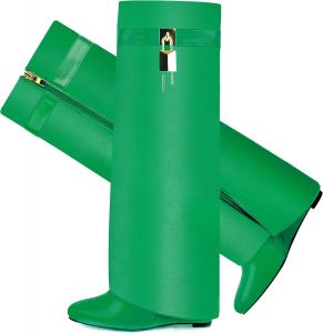 Сапоги с отворотом для женщин, острый носок, на танкетке, до колена, с боковой молнией и декоративным замком CDHYX, Green