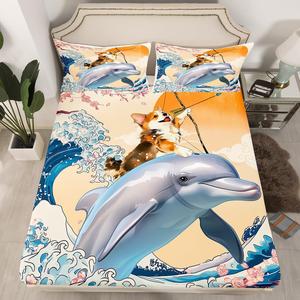 Erosebridal Комплект постельного белья Funny Corgi с принтом океанских волн и дельфинов в японском стиле укиё-э, Beige Navy Brown Grey